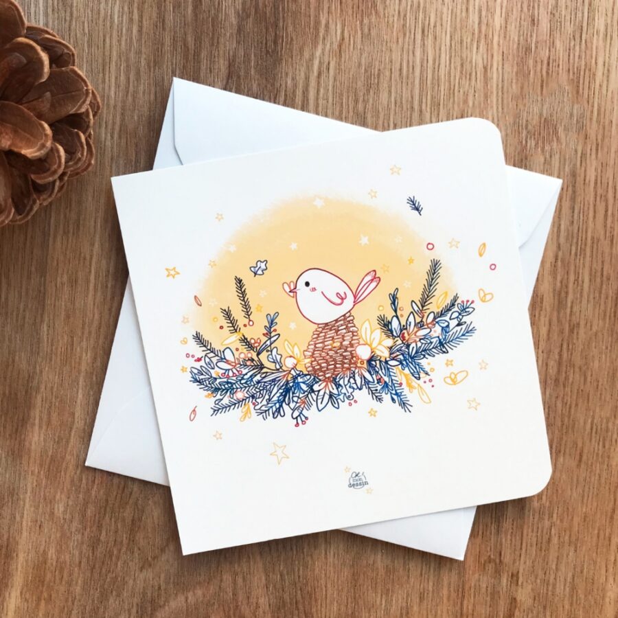 Carte de voeux "La couronne de Noël et le petit oiseau"