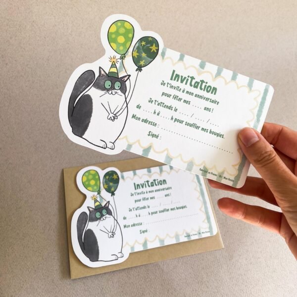 Carte invitation anniversaire enfant avec chat et ballons, enveloppe kraft
