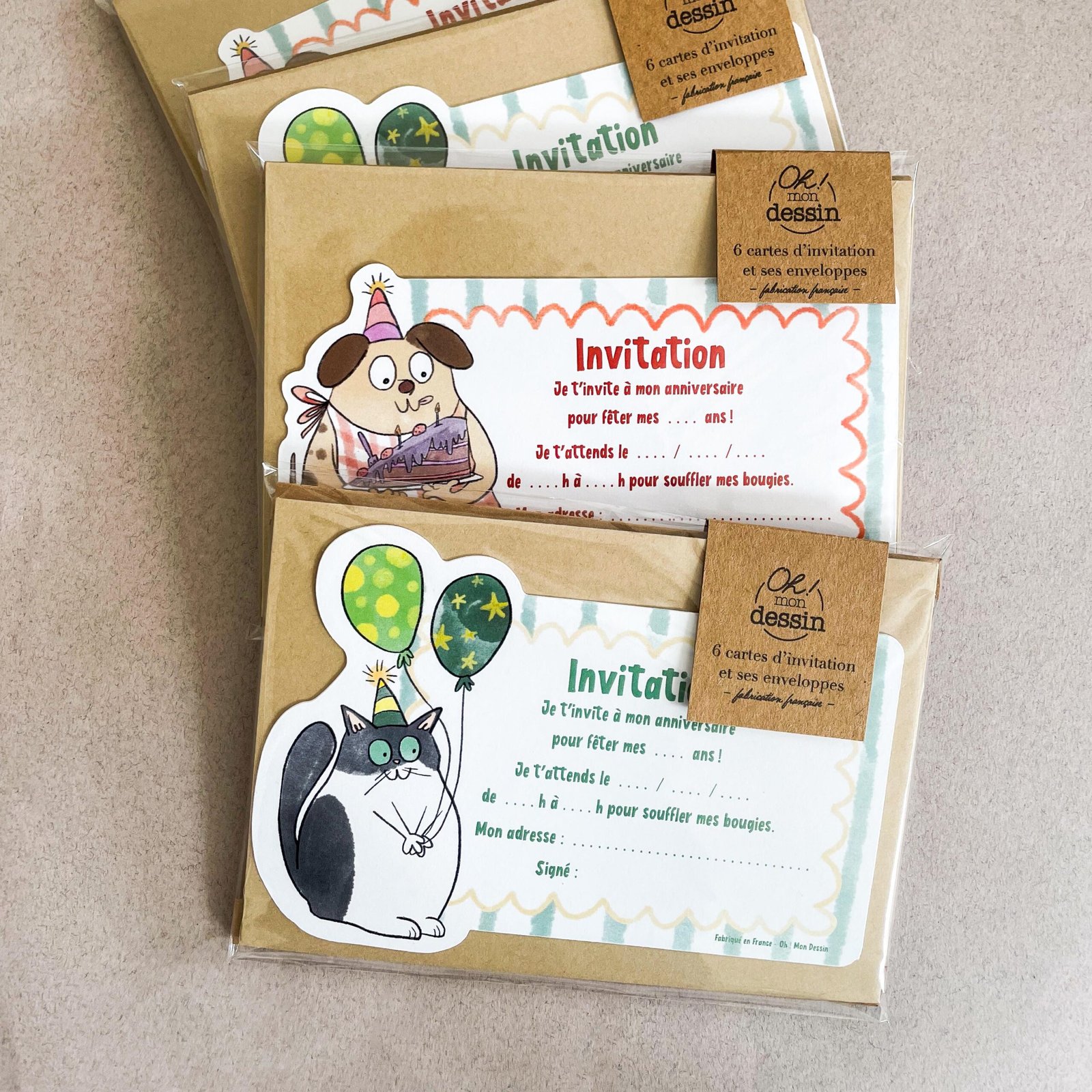 Carte invitation anniversaire enfant avec chat et chien, enveloppe kraft